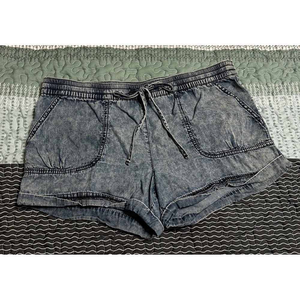 Forever 21 Premium Denim Acid Wash Drawstring Shorts Blue Y2K-Inspired Medium